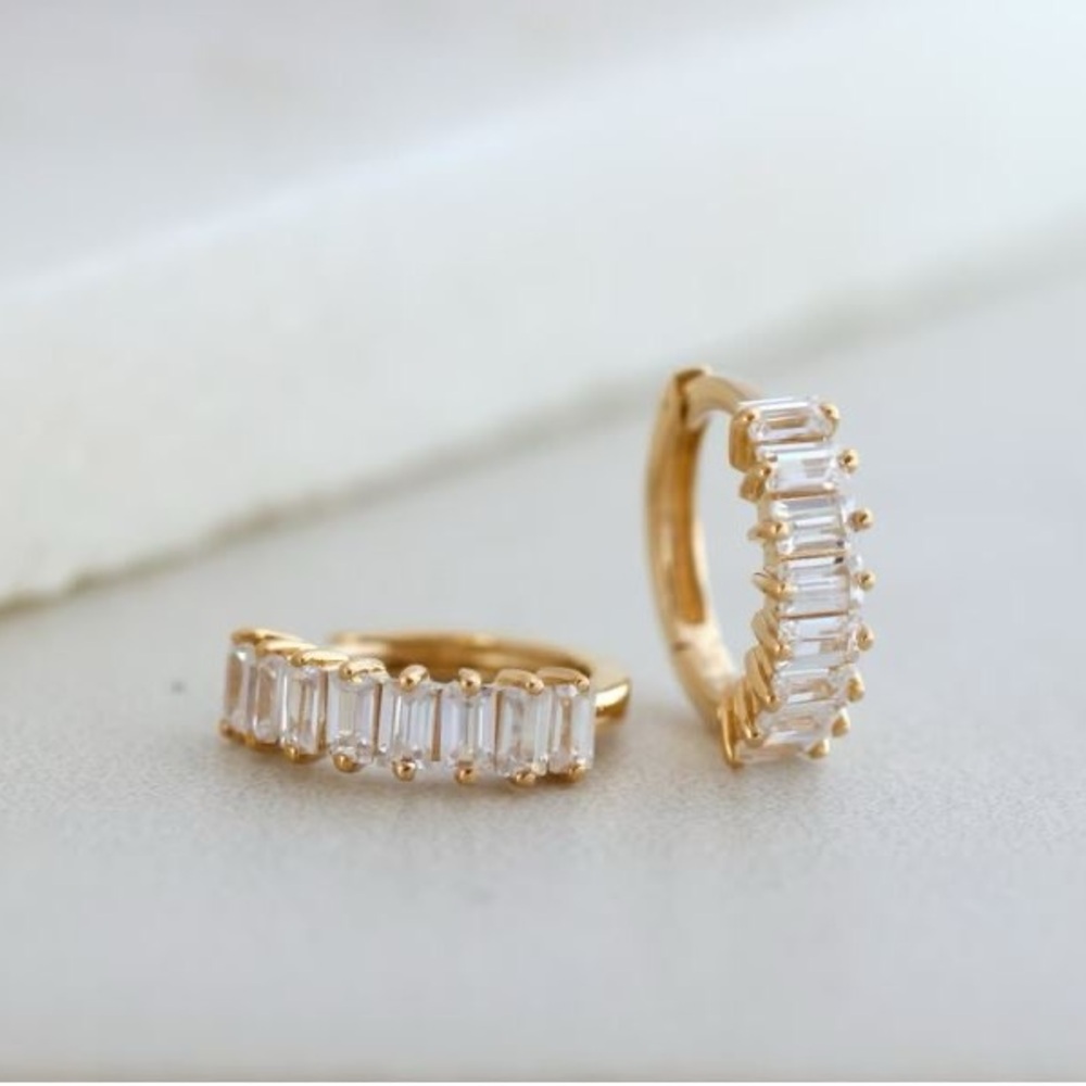 14k solid gold baguette huggies/hoops